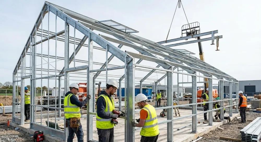 تیم اجرایی متخصص در حال نصب سازه گلخانه گالوانیزه پیچ و مهرهای در محل پروژه.