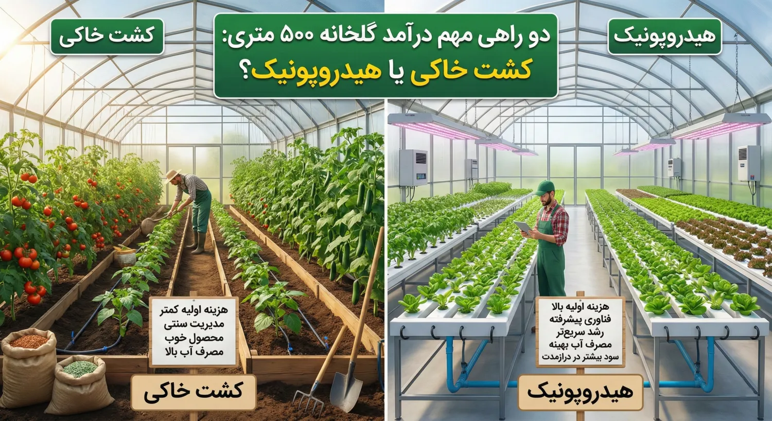 تفاوت کشت خاکی و هیدروپونیک در گلخانه 500 متری